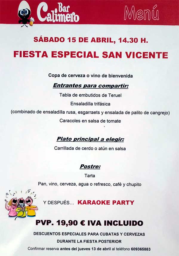 Menú fiesta San Vicente en Valencia en el Bar Calimero